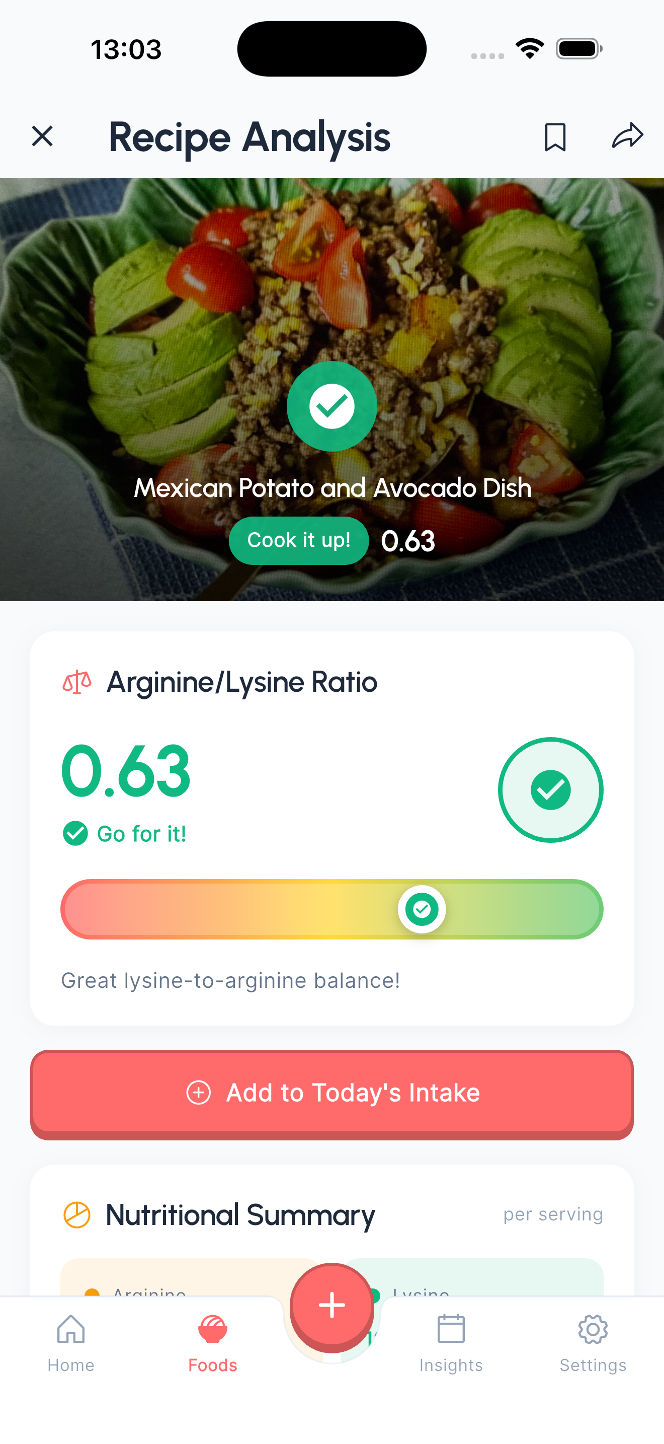 Recipe Analysis screen